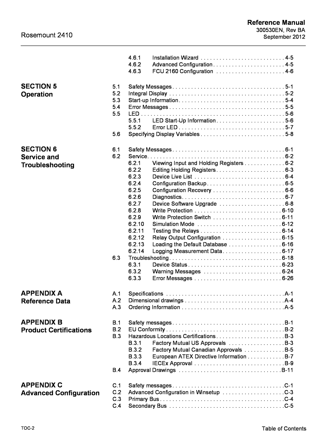 Emerson Process Management Rosemount 2410 manual Operation, SECTION Service and Troubleshooting, Reference Manual 