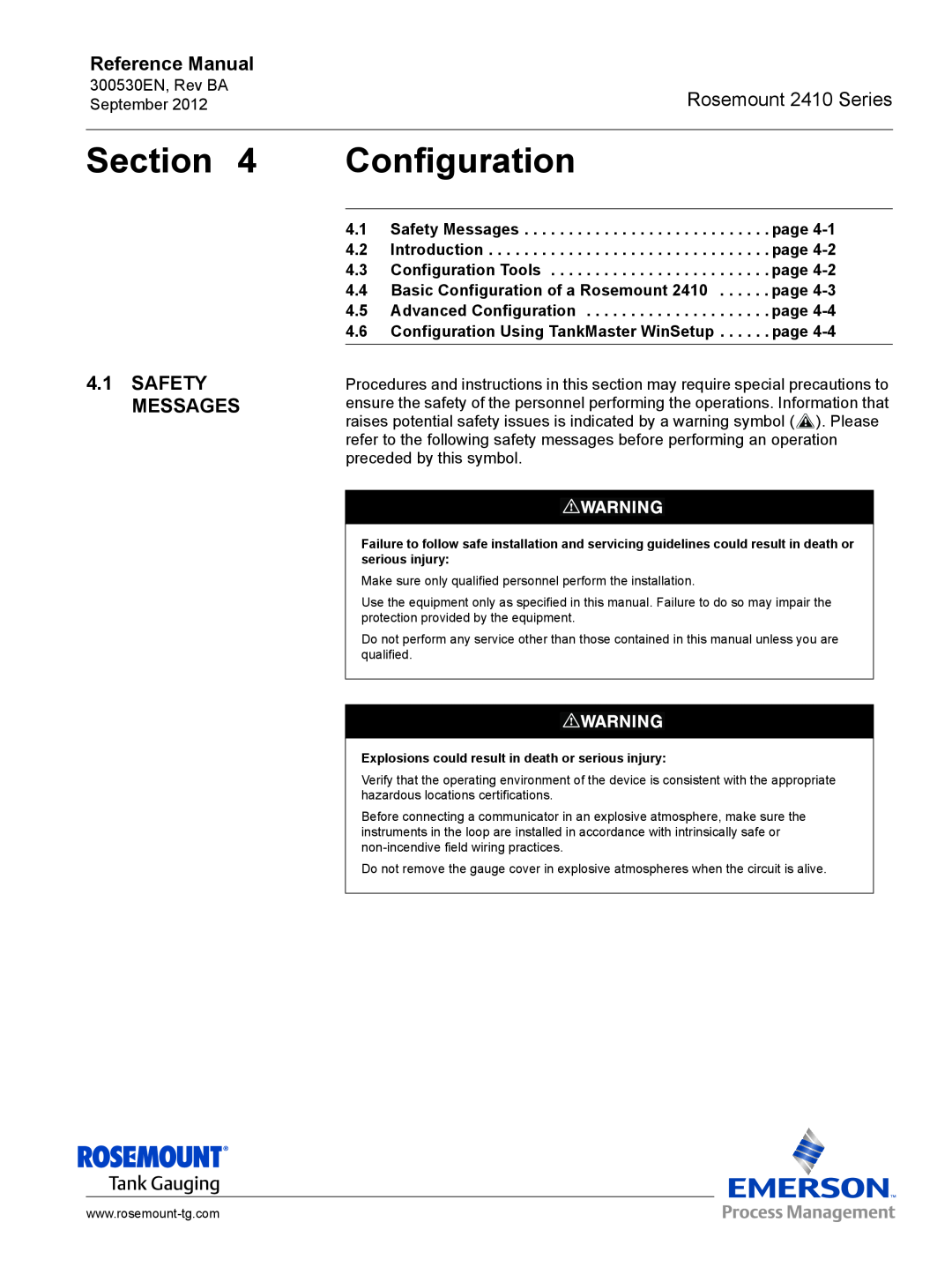 Emerson Process Management manual Configuration, Rosemount 2410 Series, Safety Messages, Section, Reference Manual 