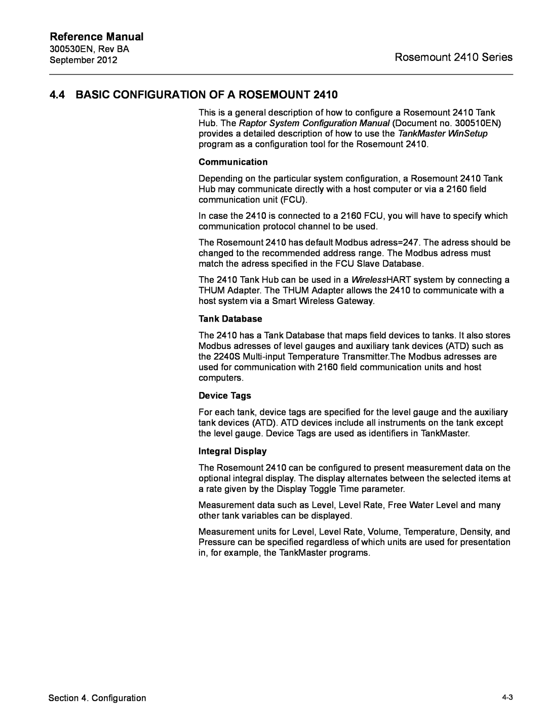 Emerson Process Management Rosemount 2410 Basic Configuration Of A Rosemount, Communication, Tank Database, Device Tags 