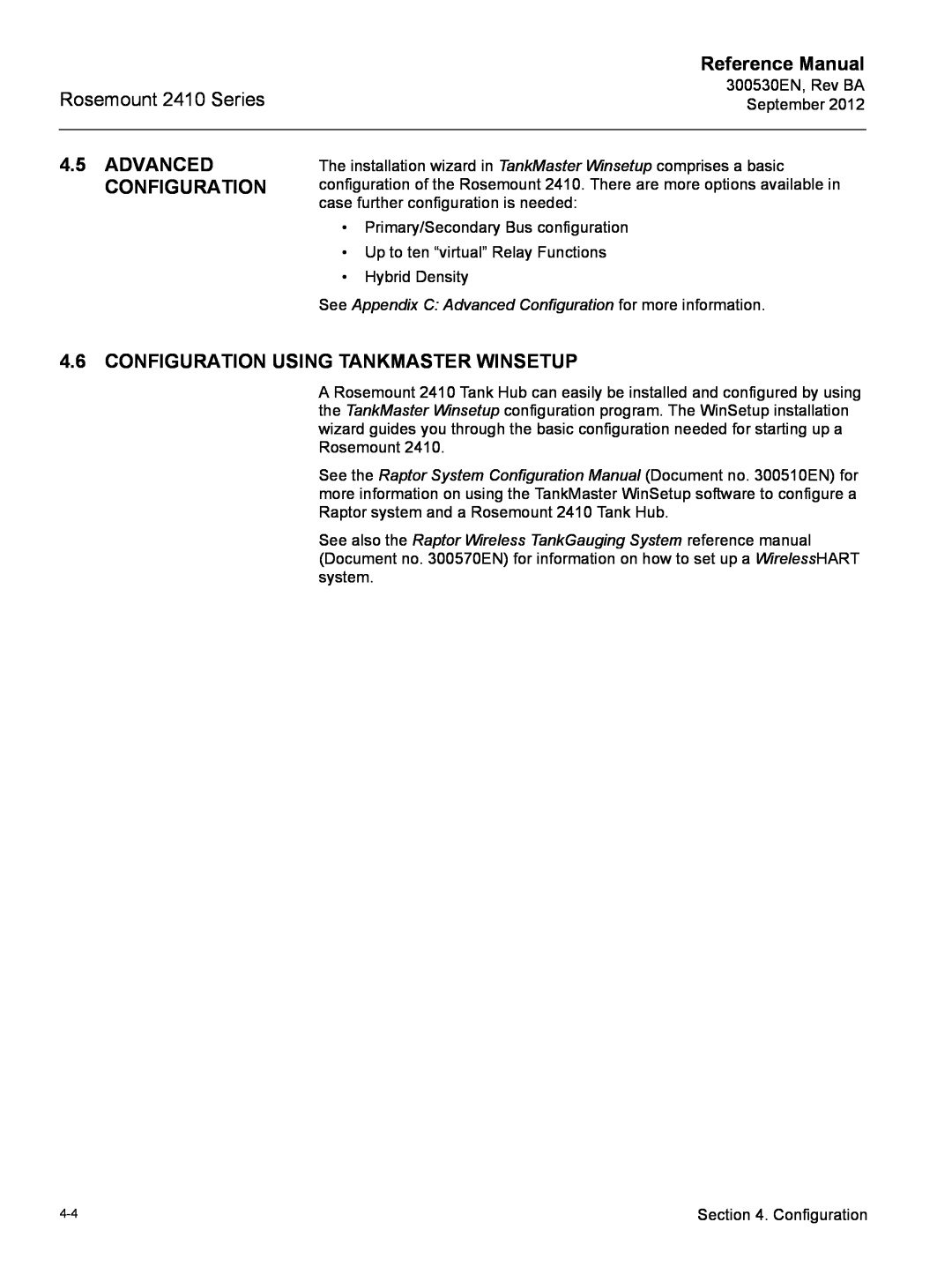 Emerson Process Management Rosemount 2410 manual Advanced Configuration, Configuration Using Tankmaster Winsetup 