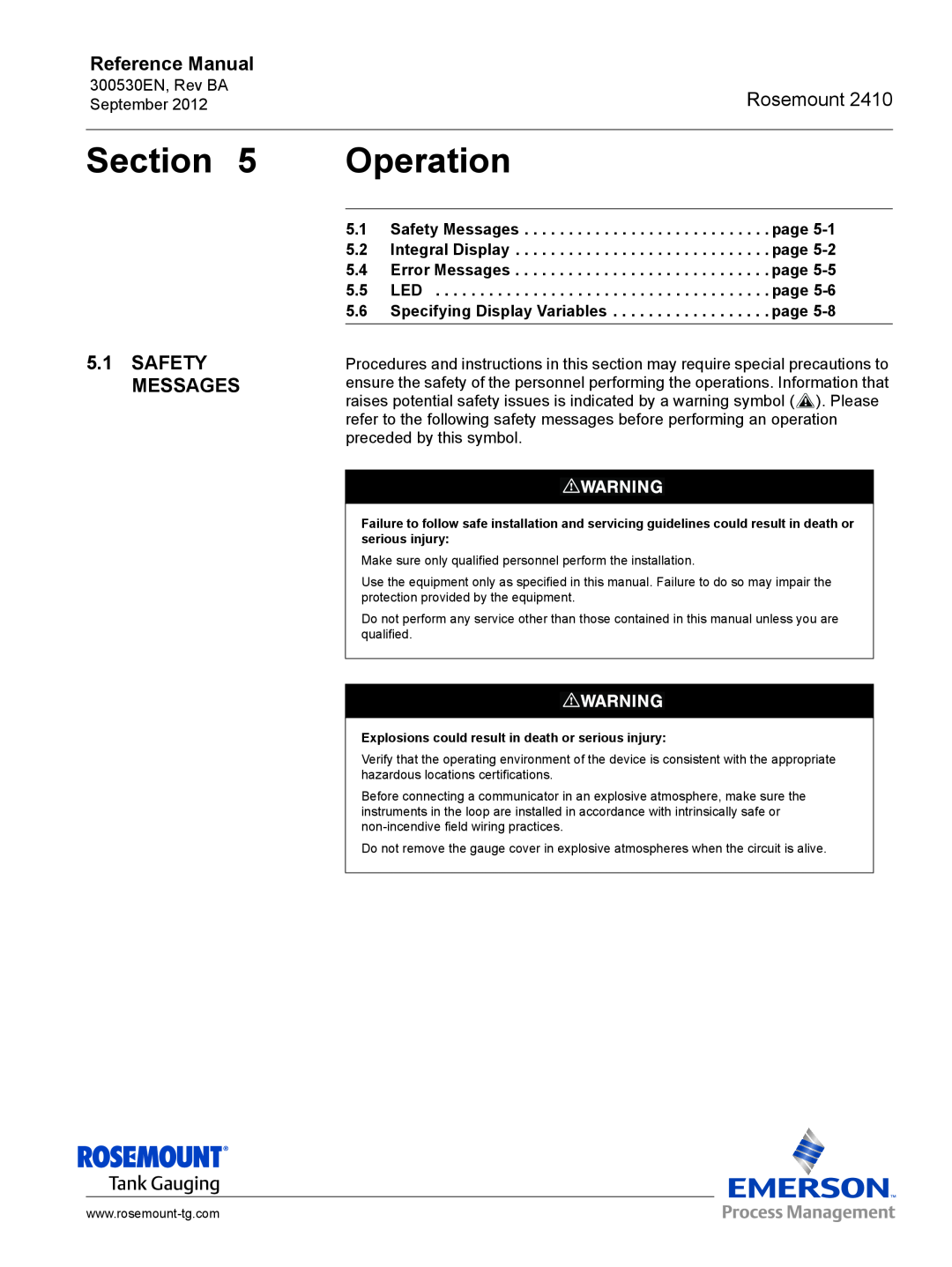 Emerson Process Management Rosemount 2410 manual Operation, Safety Messages, Section, Reference Manual 