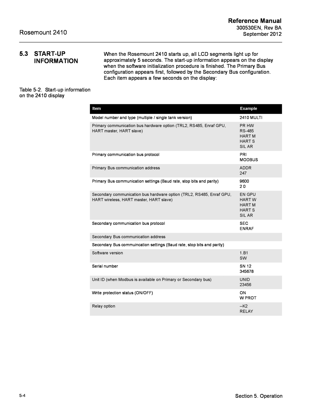 Emerson Process Management Rosemount 2410 manual Start-Up Information, Reference Manual, Example 