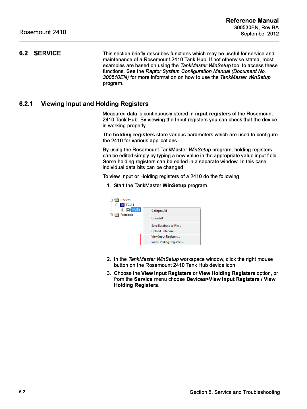 Emerson Process Management Rosemount 2410 manual Service, Viewing Input and Holding Registers, Reference Manual 