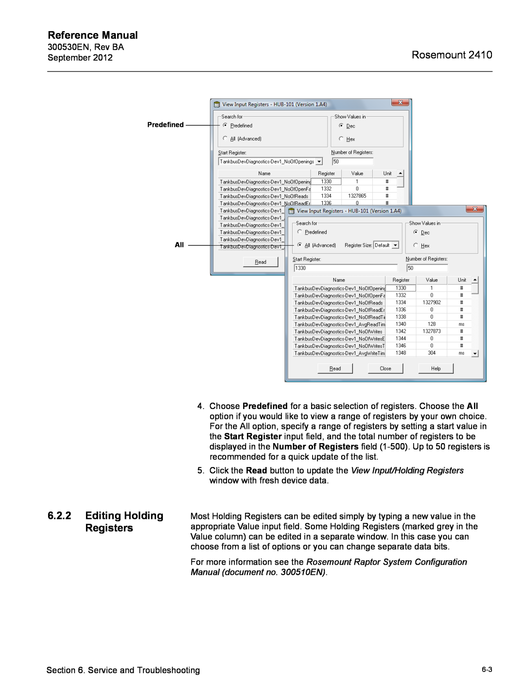 Emerson Process Management Rosemount 2410 manual Editing Holding Registers, Reference Manual, Predefined All 