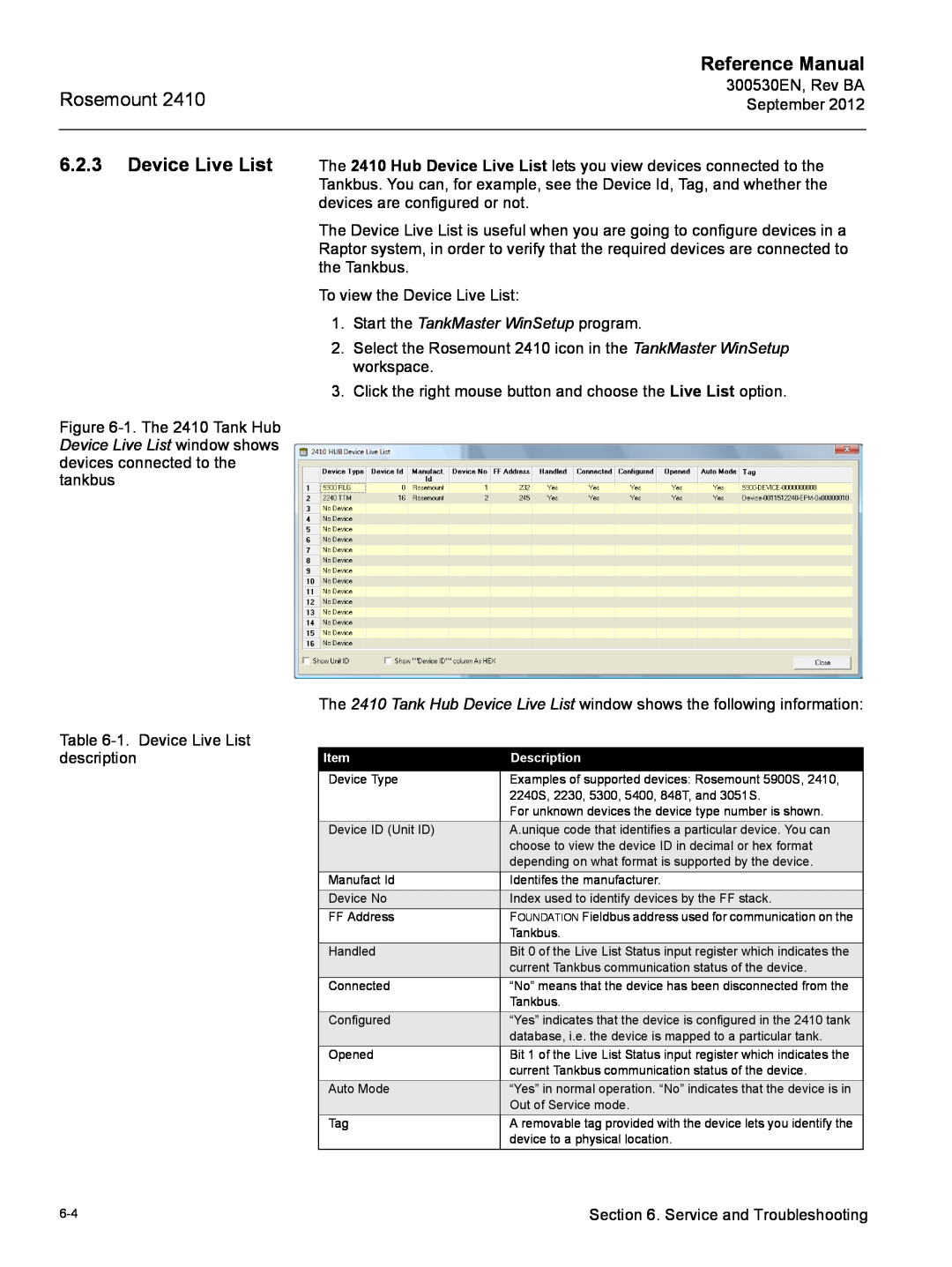 Emerson Process Management Rosemount 2410 manual Device Live List, Reference Manual, Start the TankMaster WinSetup program 