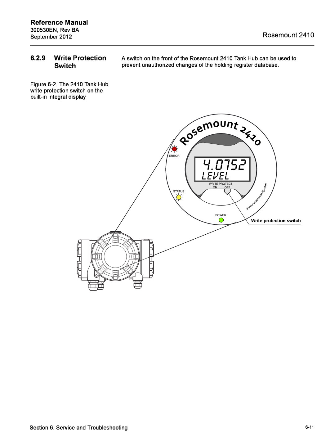 Emerson Process Management Rosemount 2410 manual Write Protection Switch, Reference Manual, Write protection switch 