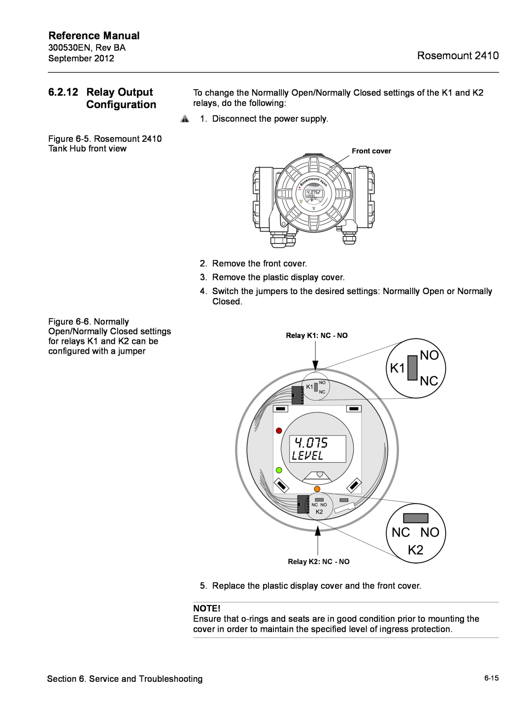 Emerson Process Management Rosemount 2410 Relay Output Configuration, Reference Manual, Front cover, Relay K1 NC - NO 