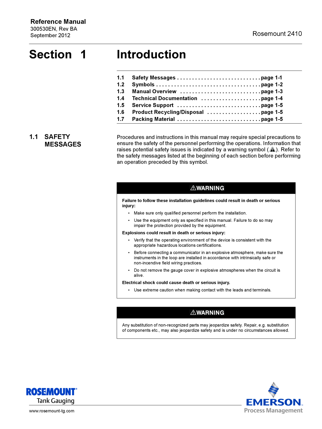 Emerson Process Management Rosemount 2410 manual Section, Introduction, Safety Messages, page, Product Recycling/Disposal 