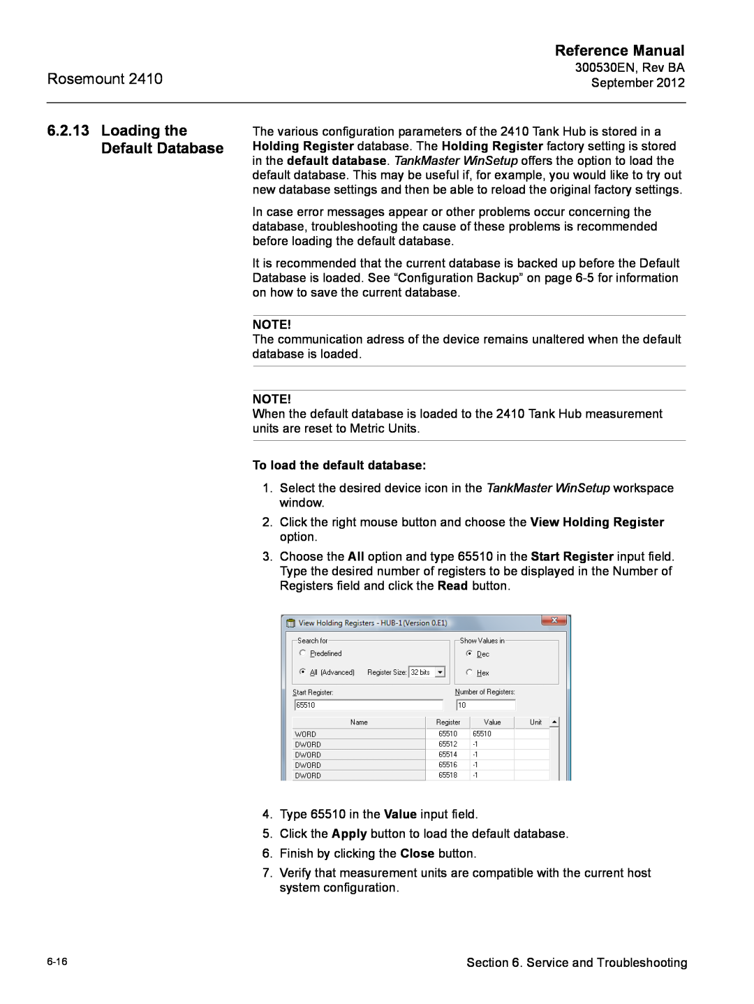 Emerson Process Management Rosemount 2410 Loading the Default Database, To load the default database, Reference Manual 