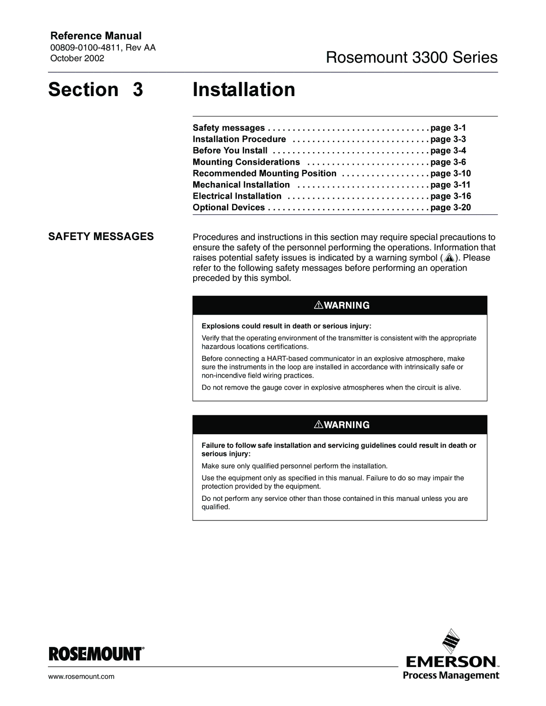 Emerson Process Management rosemount 3300 series manual 6HFWLRQ Qvwdoodwlrq, $7066$*6 