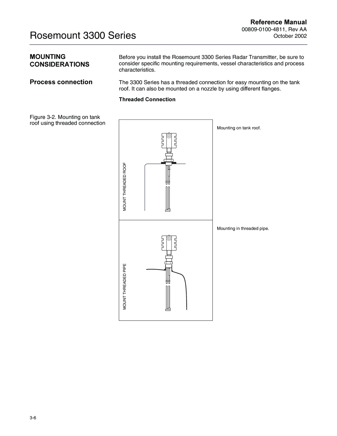 Emerson Process Management rosemount 3300 series manual 02817,1* &216,5$7,216, 3URFHVVFRQQHFWLRQ, 7KUHDGHG&RQQHFWLRQ 