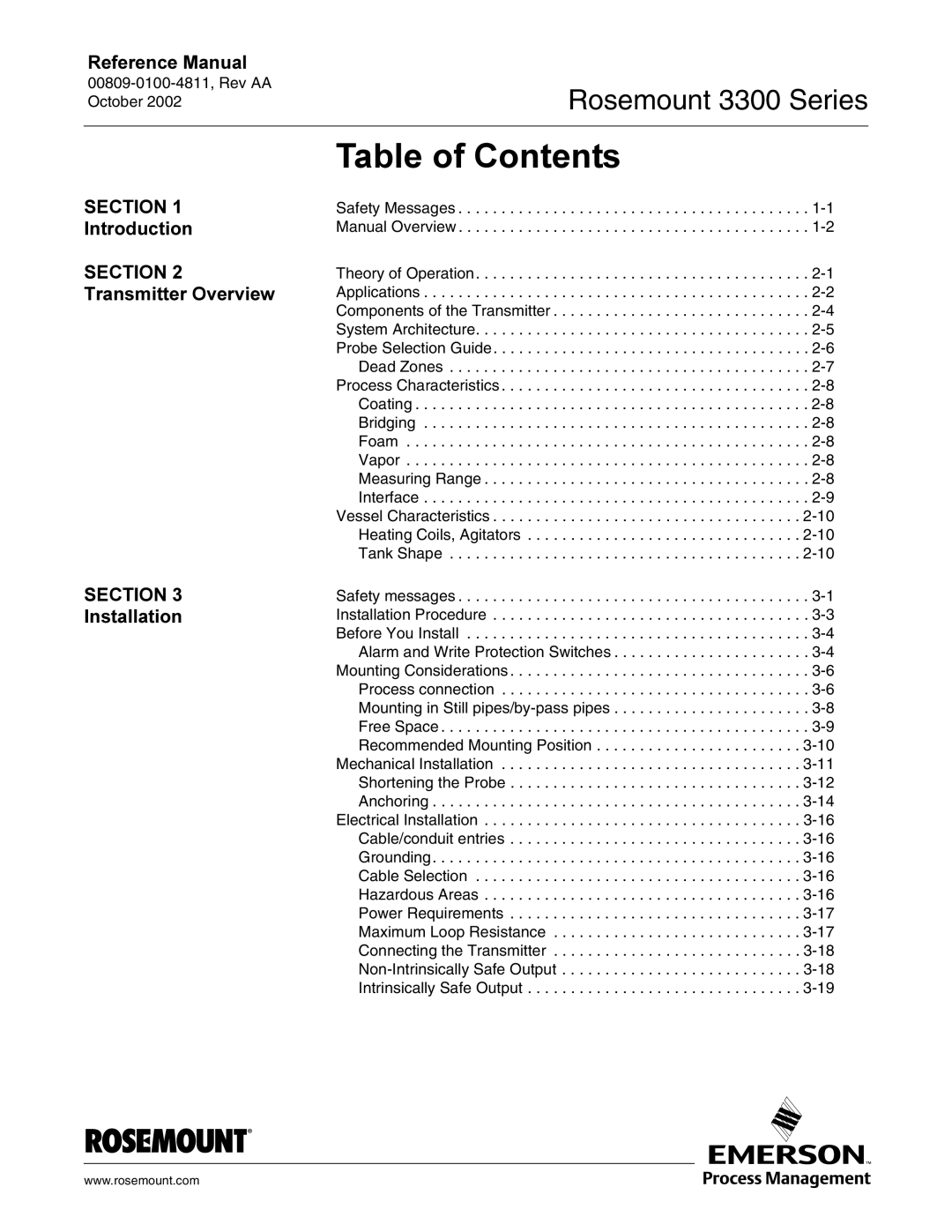 Emerson Process Management rosemount 3300 series manual 7DEOHRI&RQWHQWV, Qwurgxfwlrq, Qvwdoodwlrq 