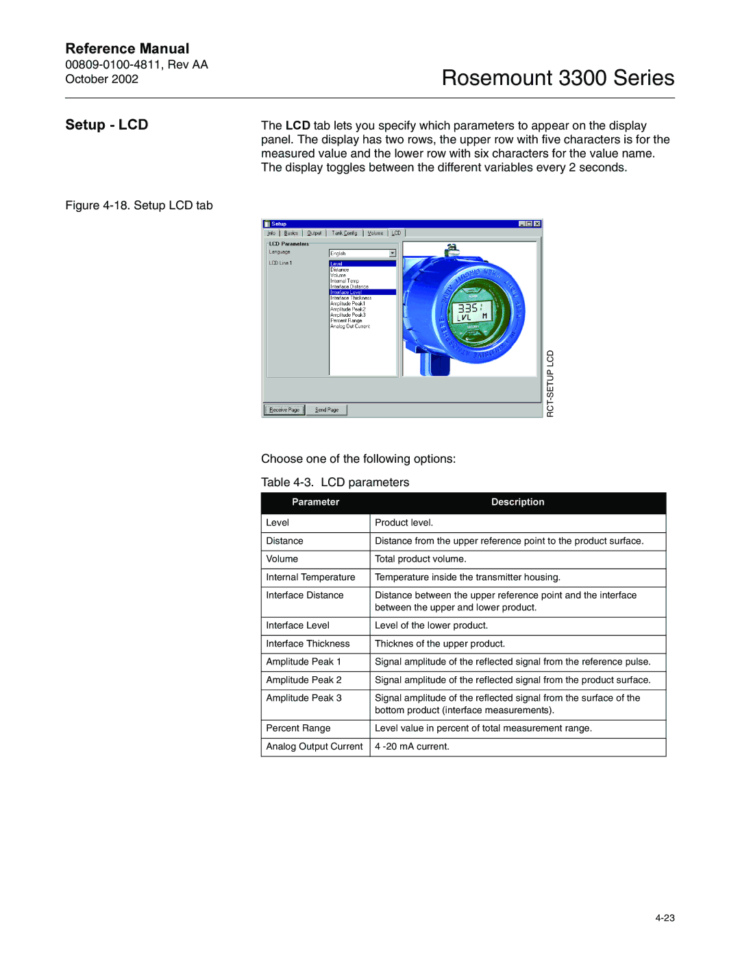 Emerson Process Management rosemount 3300 series manual 6HWXS, Choose one of the following options LCD parameters 