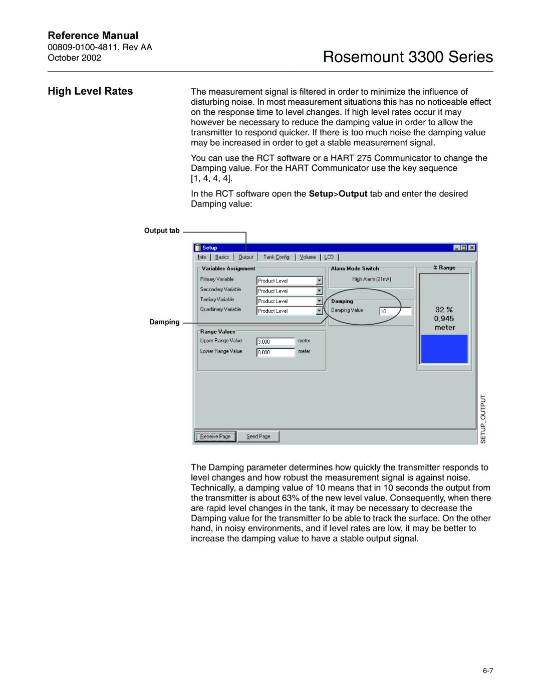 Emerson Process Management rosemount 3300 series manual Damping value 