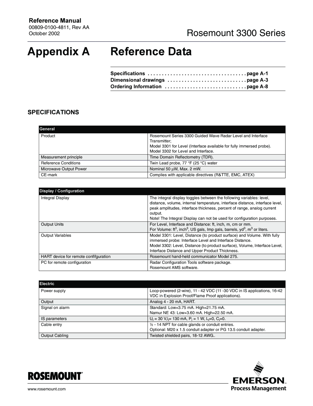 Emerson Process Management rosemount 3300 series manual $SSHQGL$ 5HIHUHQFHDWD, 63&,,&$7,216 