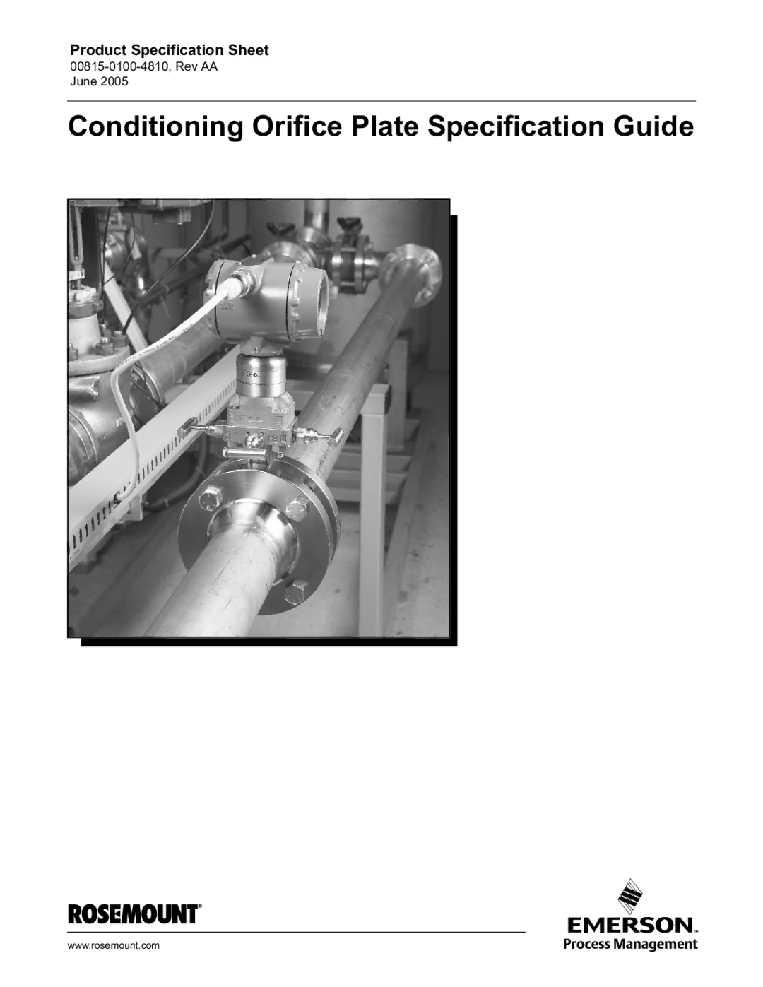 Emerson Process Management Rosemount specifications Conditioning Orifice Plate Specification Guide 