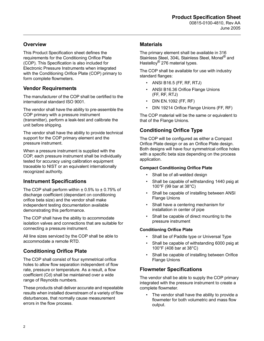 Emerson Process Management Rosemount specifications Overview Materials, Vendor Requirements, Instrument Specifications 