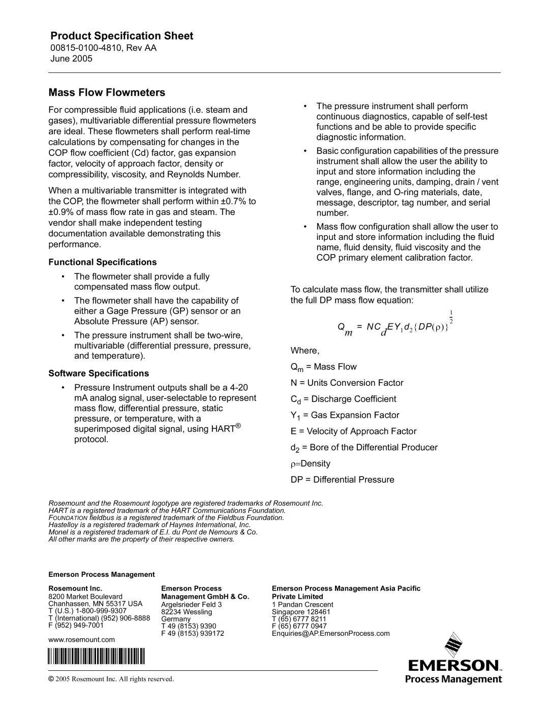 Emerson Process Management Rosemount specifications Mass Flow Flowmeters 