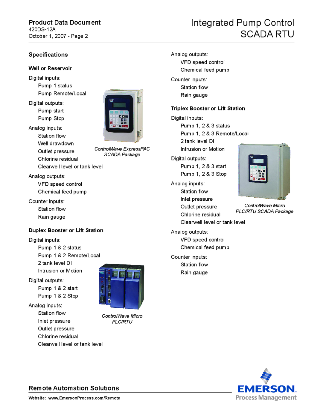 Emerson Process Management SCADA RTU manual Specifications, Well or Reservoir, Triplex Booster or Lift Station 