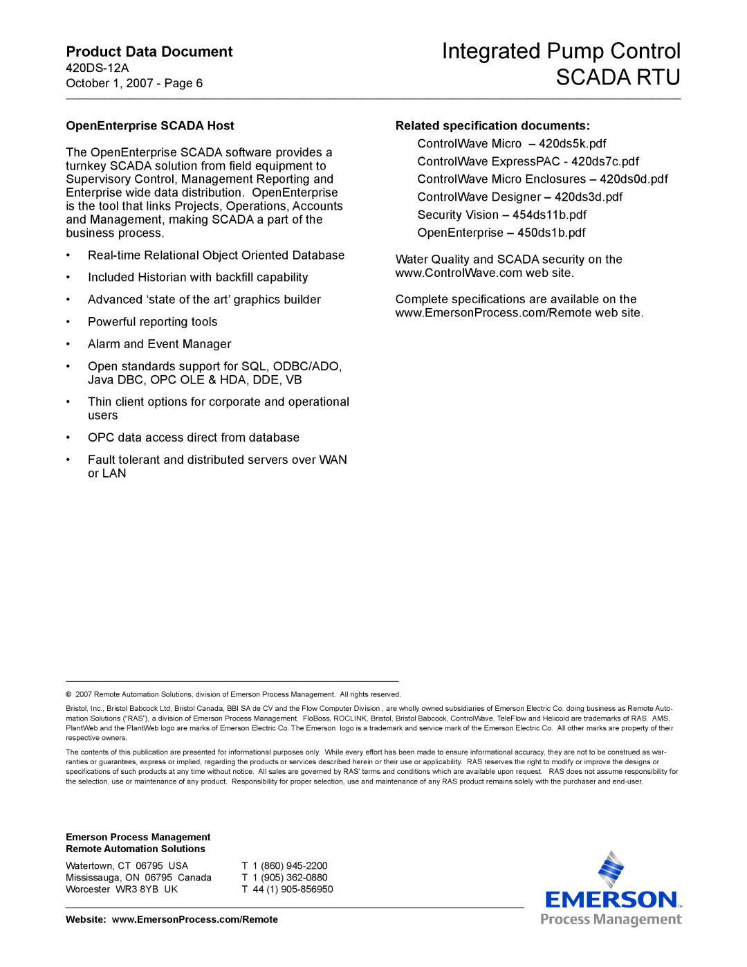 Emerson Process Management SCADA RTU manual OpenEnterprise Scada Host, Related specification documents 