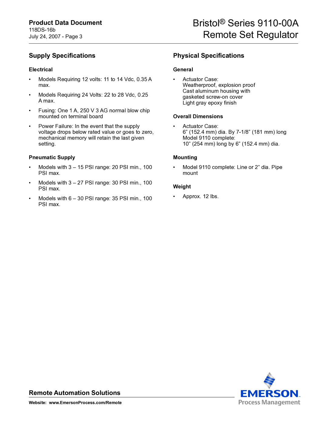 Emerson Process Management Series 9110-00A manual Supply Specifications, Physical Specifications 