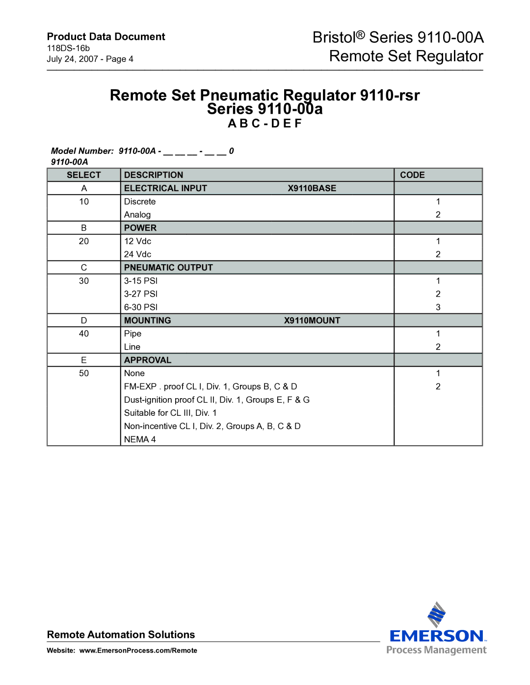 Emerson Process Management Series 9110-00A manual Remote Set Pneumatic Regulator 9110-rsr Series 9110-00a 