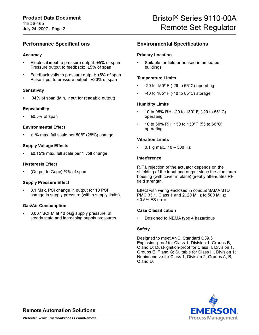 Emerson Process Management manual Bristol Series 9110-00A Remote Set Regulator, Performance Specifications 