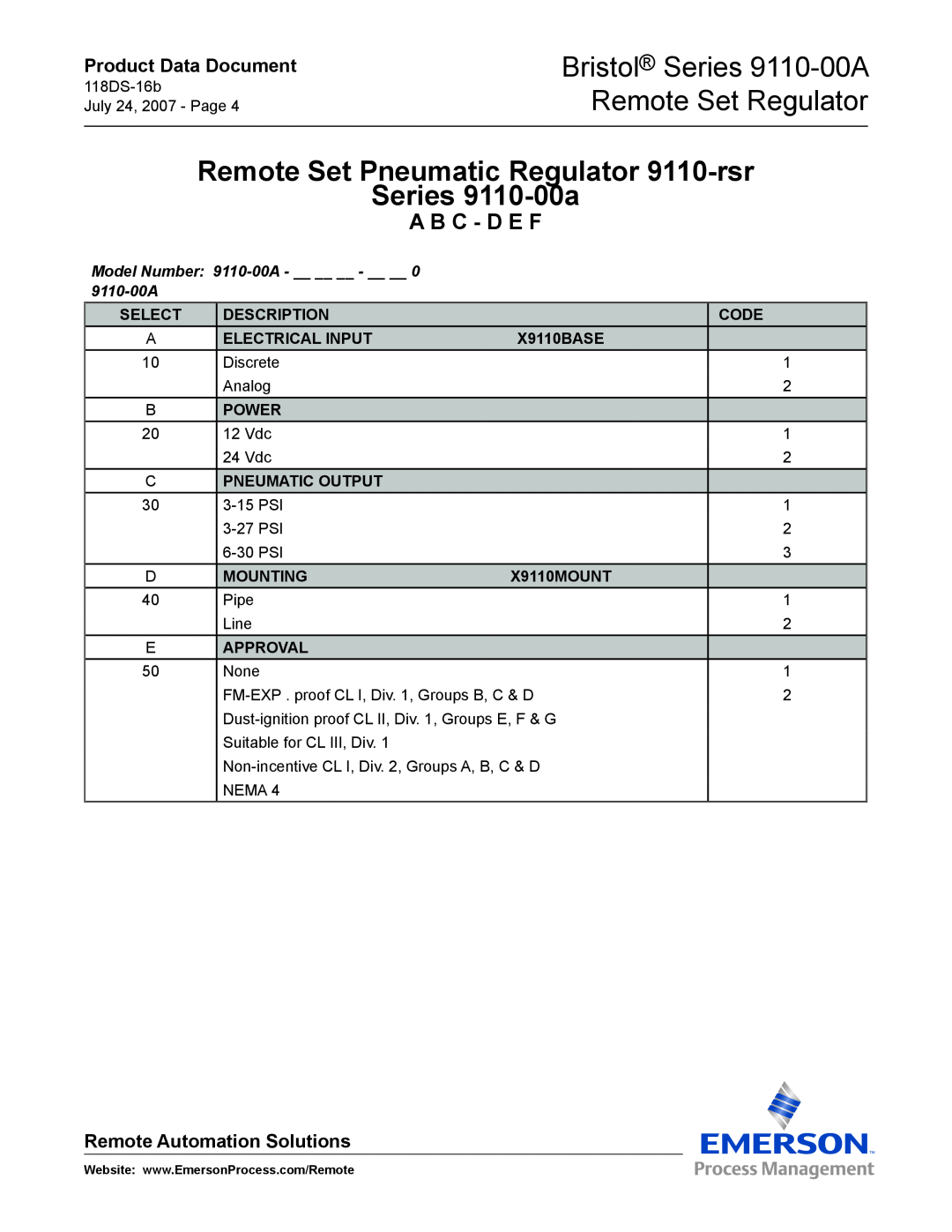 Emerson Process Management Bristol Series 9110-00A Remote Set Regulator, A B C - D E F, Product Data Document, Select 