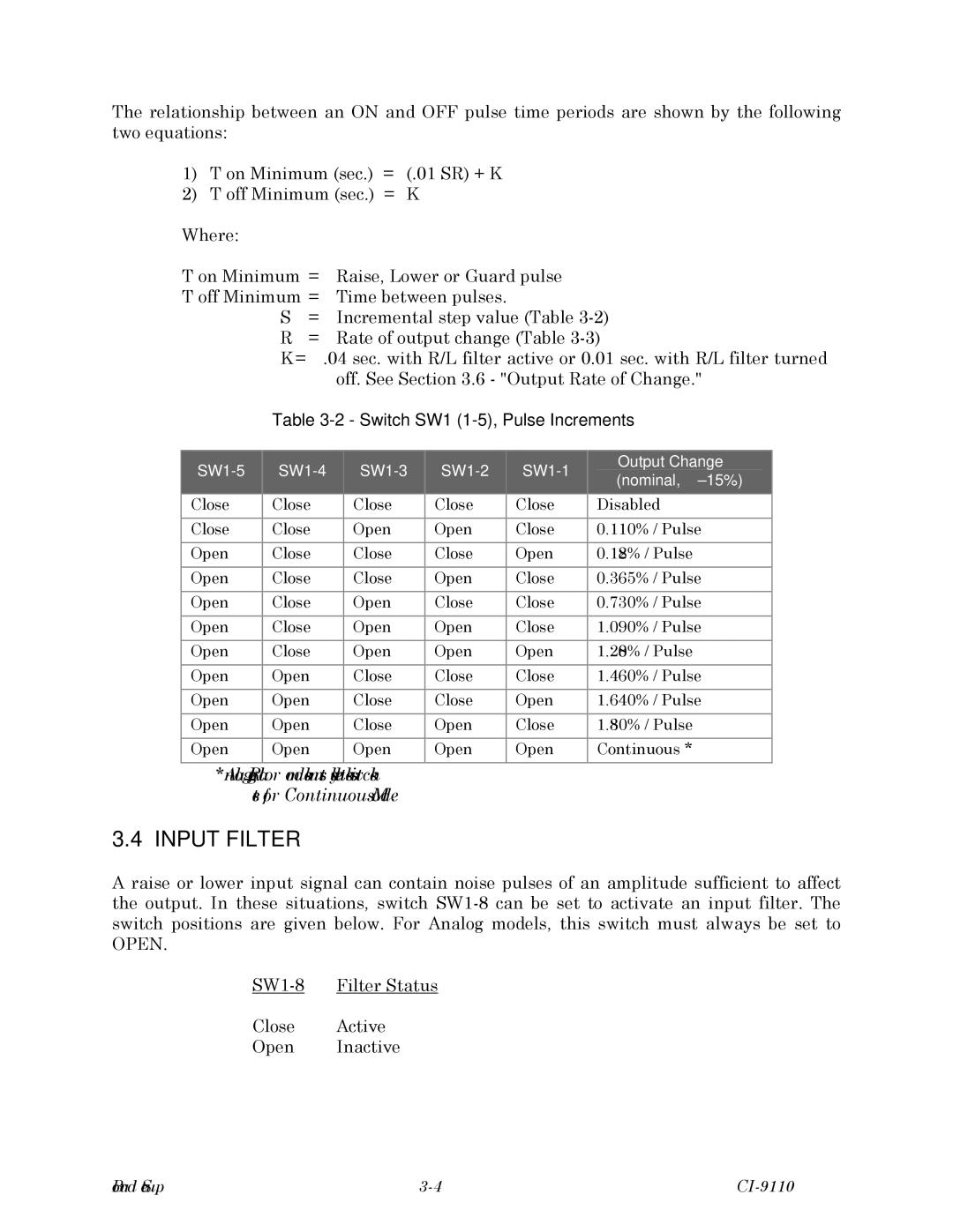 Emerson Process Management CI-9110, Series 9110, 9110-00A instruction manual Input Filter, Switch SW1 1-5, Pulse Increments 