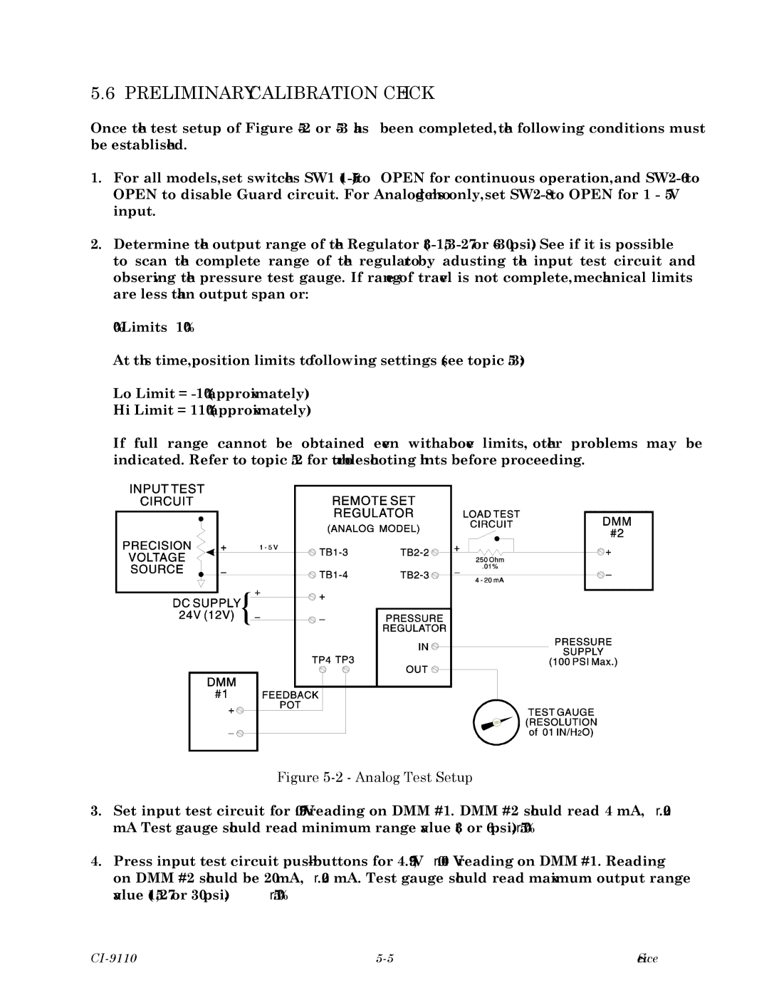 Emerson Process Management Series 9110, CI-9110, 9110-00A instruction manual Preliminary Calibration Check, Analog Test Setup 