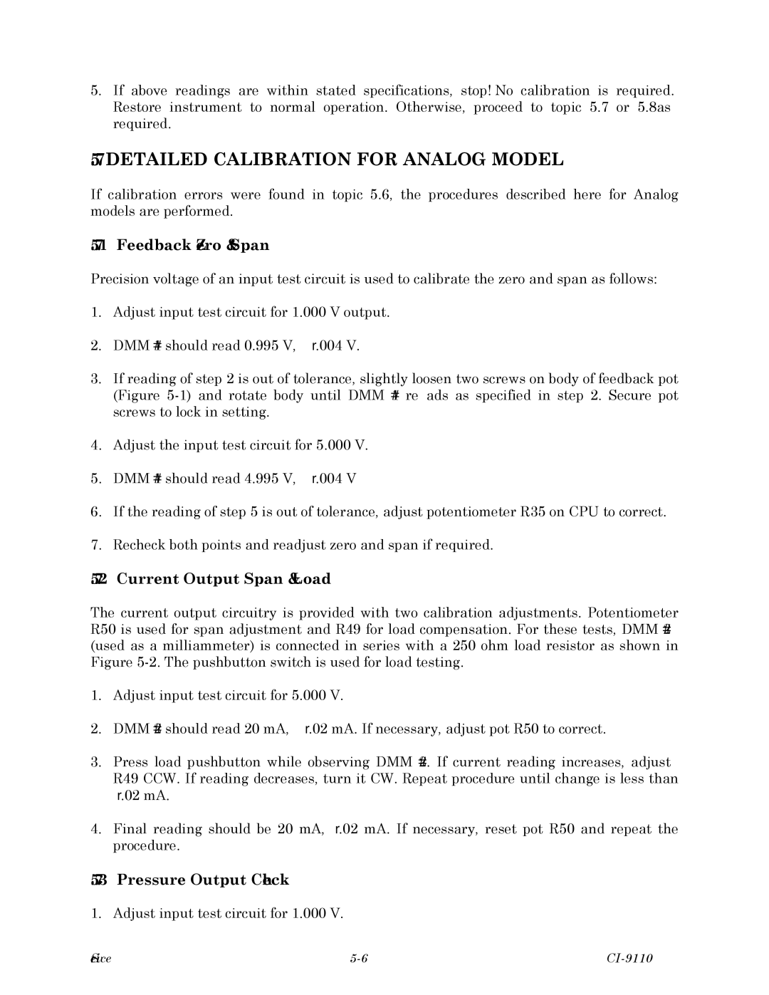 Emerson Process Management CI-9110 Detailed Calibration for Analog Model, Feedback Zero & Span, Current Output Span & Load 