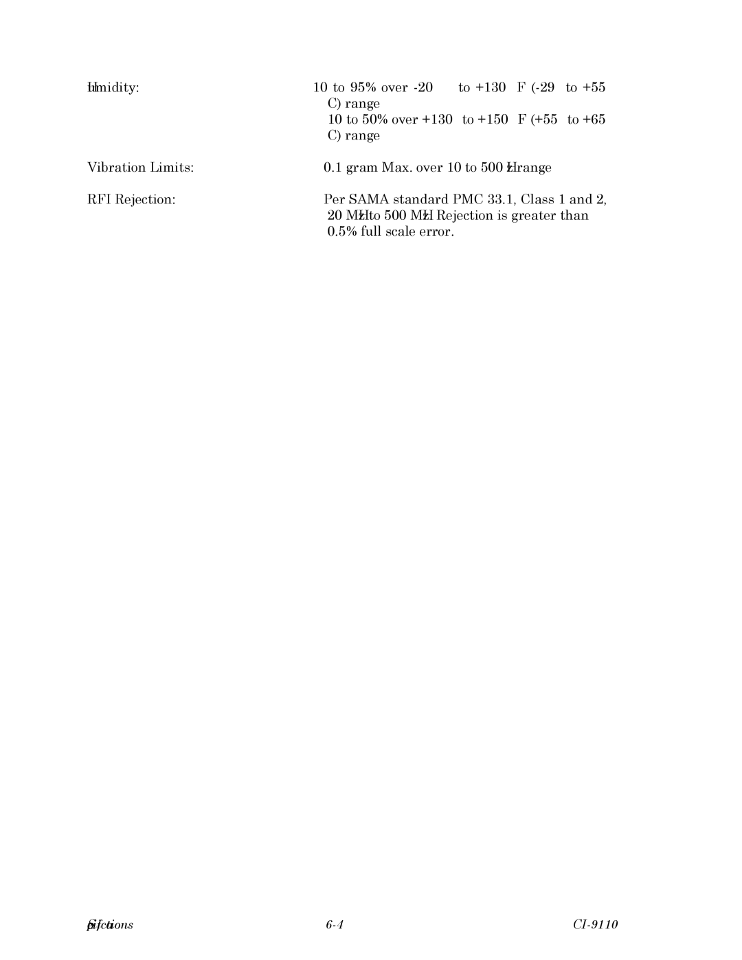 Emerson Process Management Series 9110, CI-9110, 9110-00A Humidity 10 to 95% over -20to +130 F -29to +55 Range 