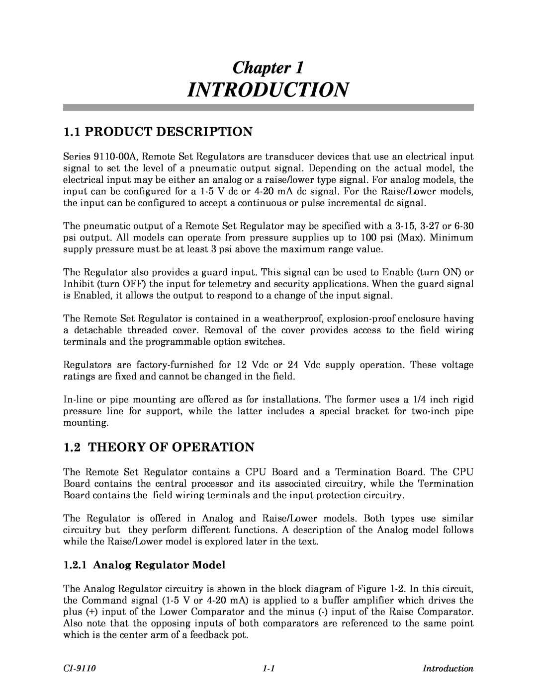 Emerson Process Management 9110-00A, Series 9110, CI-9110 Introduction, Chapter, Product Description, Theory Of Operation 