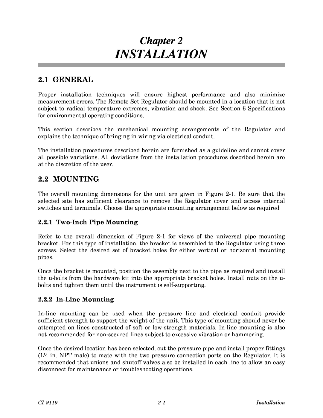 Emerson Process Management CI-9110, 9110-00A Installation, General, Two-Inch Pipe Mounting, In-Line Mounting, Chapter 