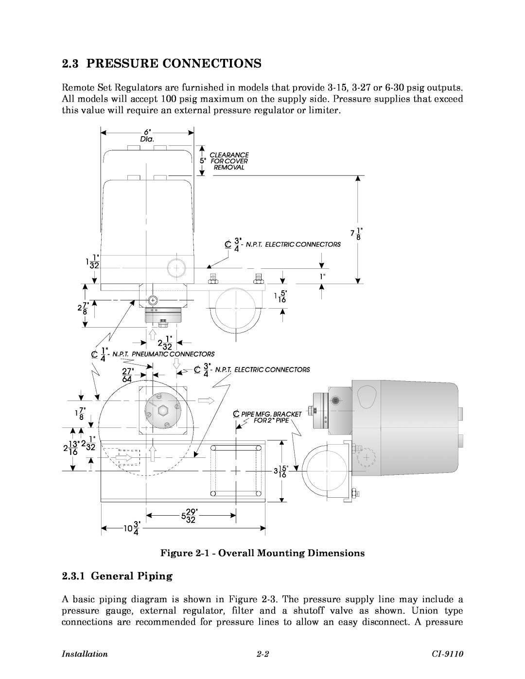 Emerson Process Management 9110-00A, Series 9110 Pressure Connections, General Piping, 1 - Overall Mounting Dimensions 