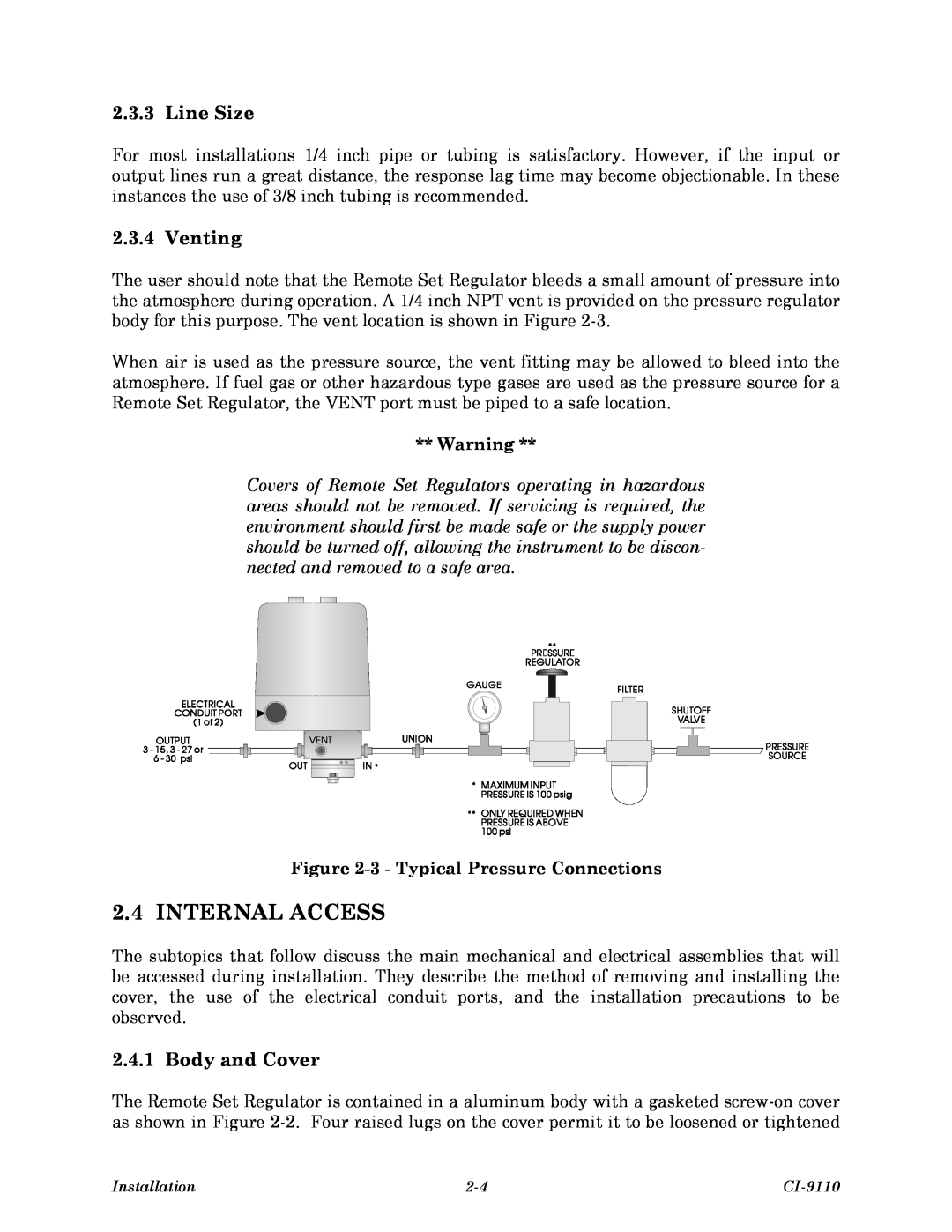 Emerson Process Management CI-9110 Internal Access, Line Size, Venting, Body and Cover, 3 - Typical Pressure Connections 