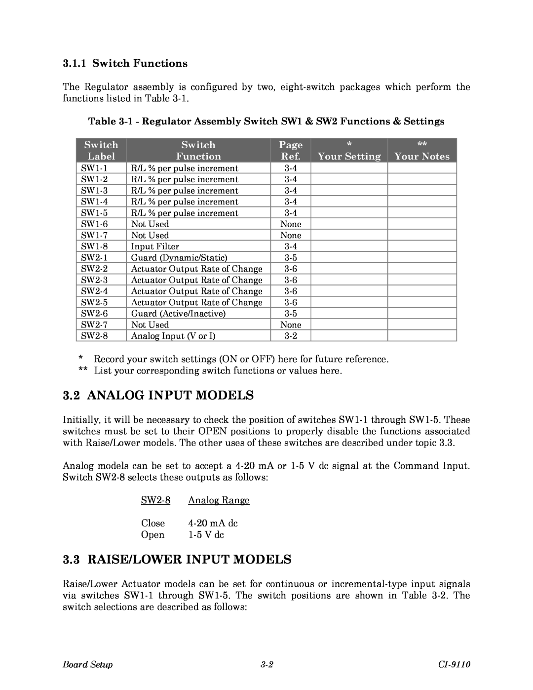Emerson Process Management 9110-00A, CI-9110 Analog Input Models, Raise/Lower Input Models, Switch Functions, Page, Label 