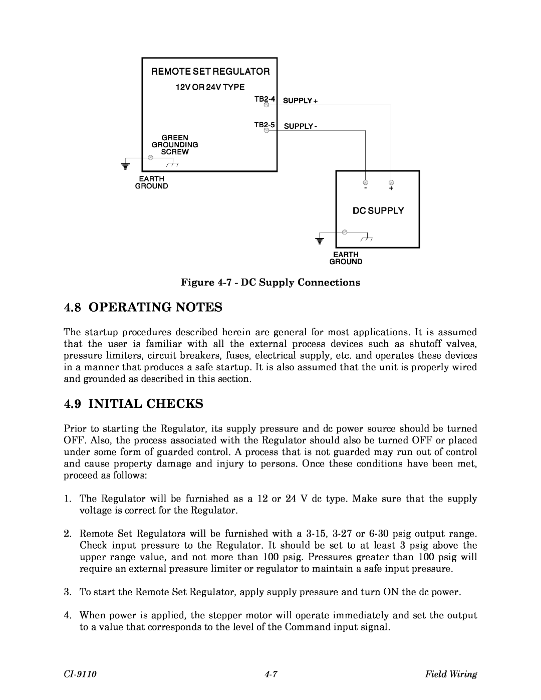 Emerson Process Management Series 9110, CI-9110, 9110-00A Operating Notes, Initial Checks, 7 - DC Supply Connections 