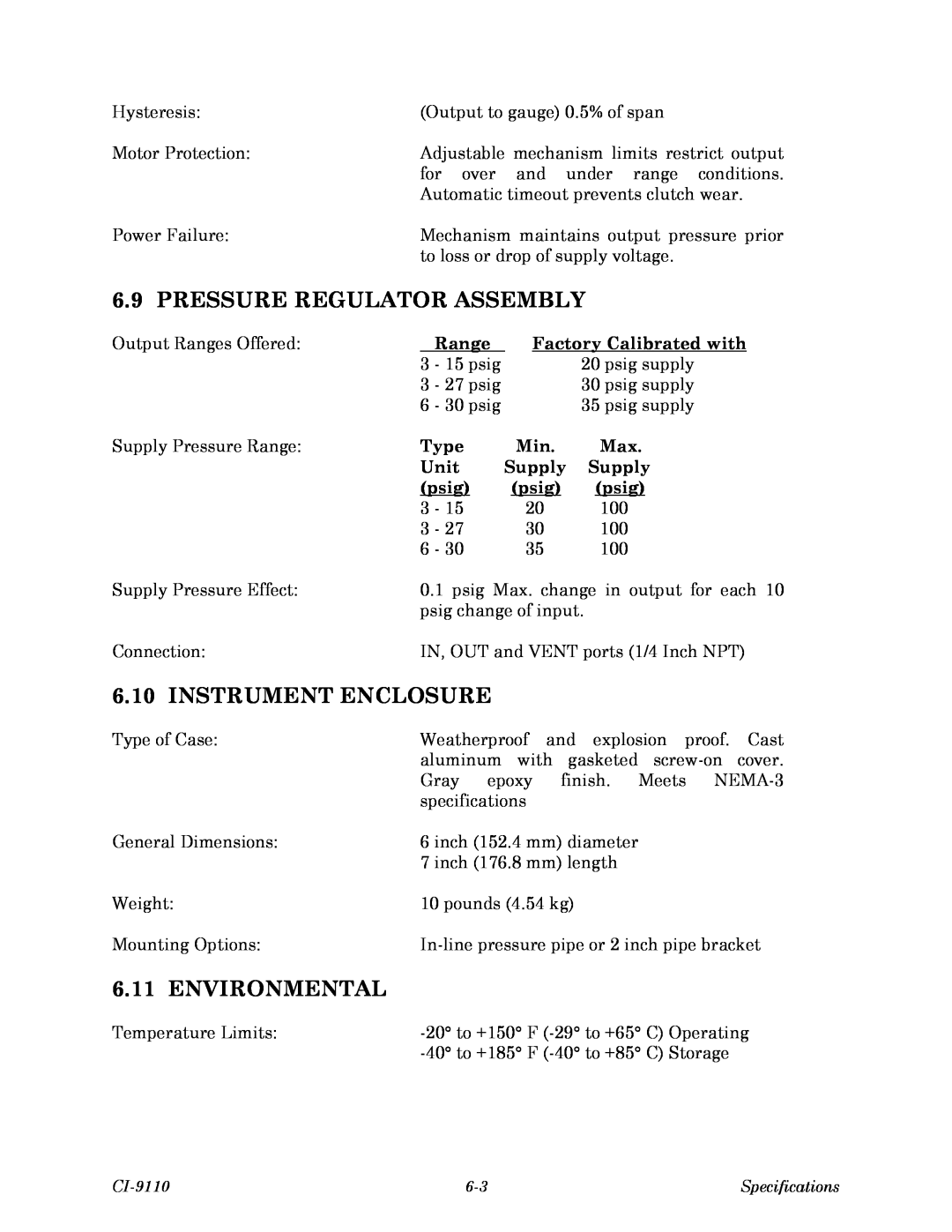 Emerson Process Management 9110-00A Pressure Regulator Assembly, Instrument Enclosure, Environmental, Range, Type, Unit 