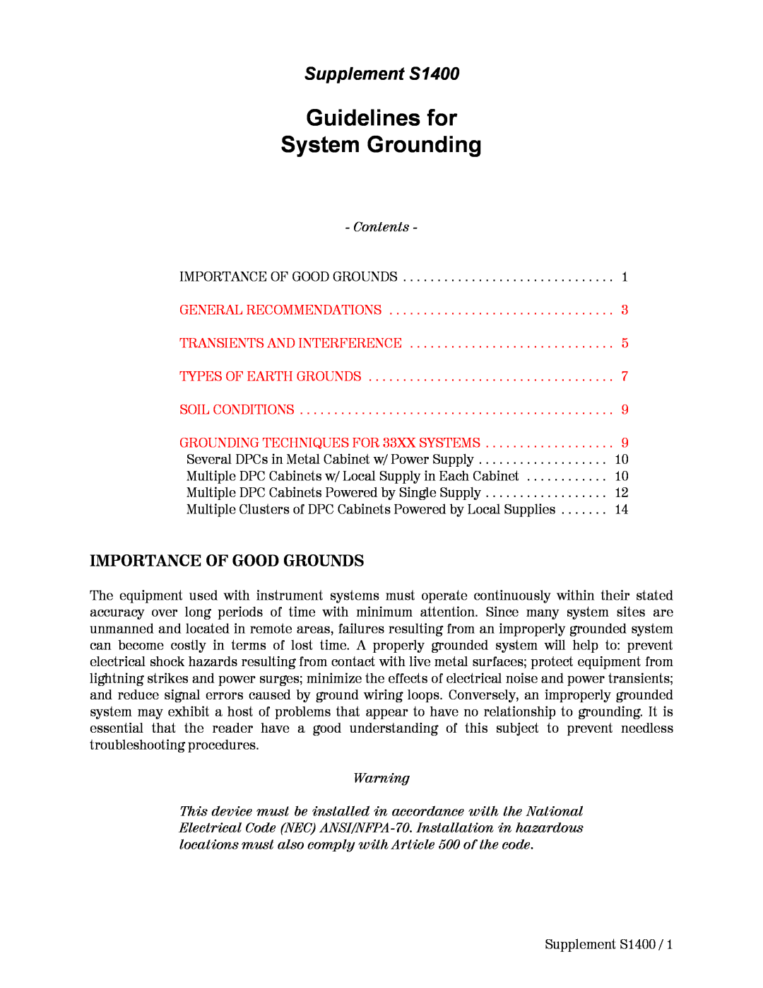 Emerson Process Management 9110-00A, Series 9110 Guidelines for System Grounding, Importance Of Good Grounds, Contents 