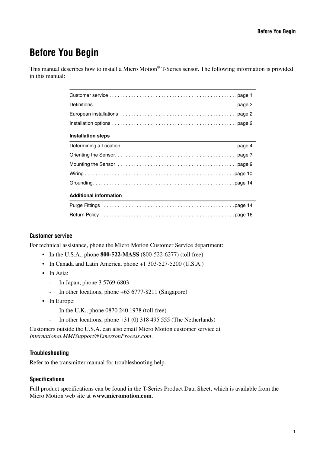 Emerson Process Management T-SERIES installation manual Before You Begin, Customer service, Troubleshooting, Specifications 