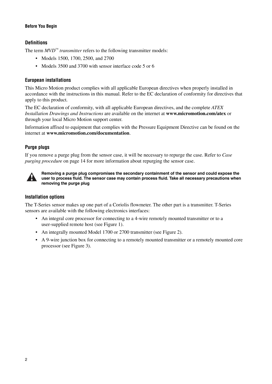 Emerson Process Management T-SERIES Definitions, European installations, Purge plugs, Installation options 