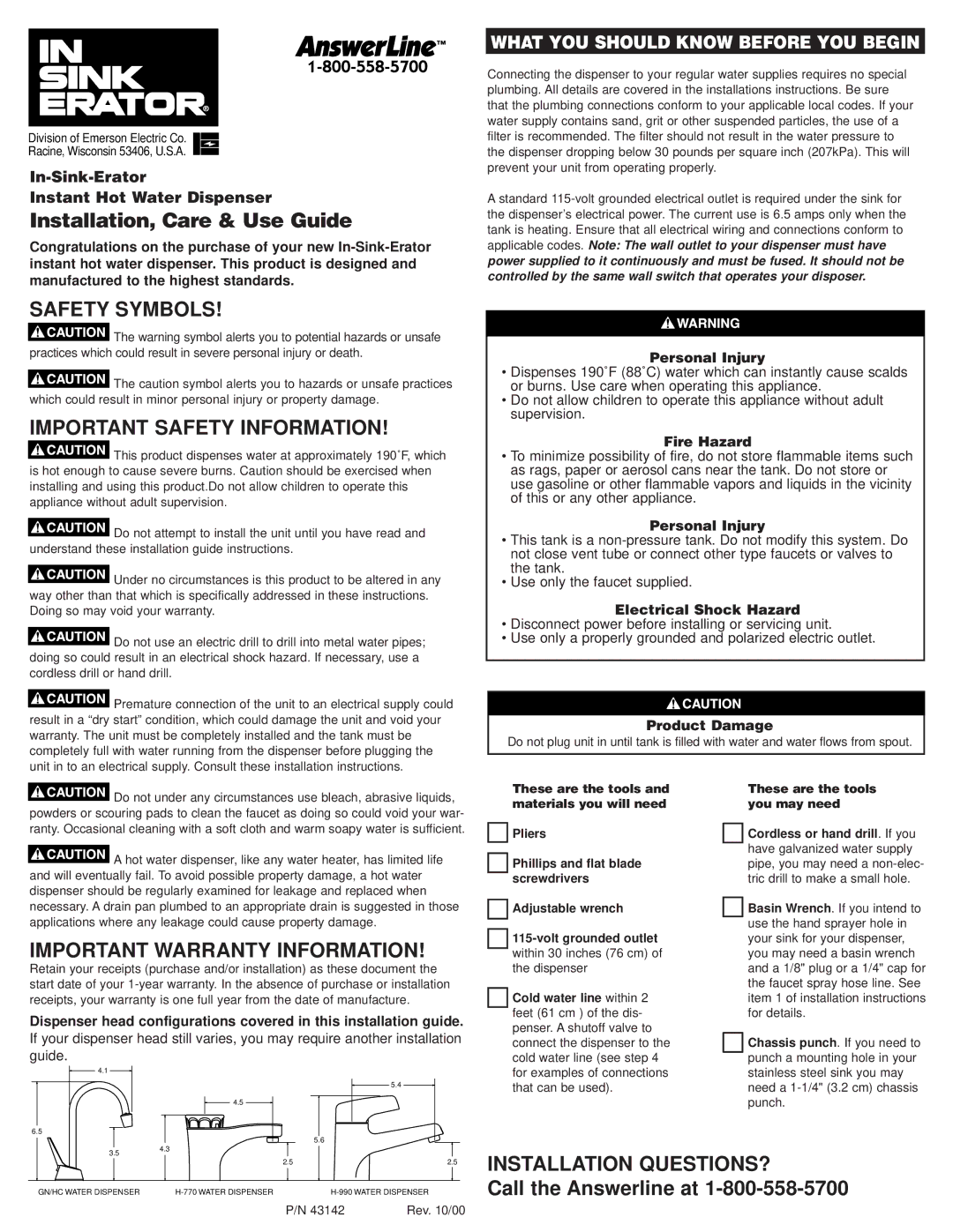 Emerson Process Management Water Dispenser warranty Safety Symbols Important Safety Information, Installation QUESTIONS? 