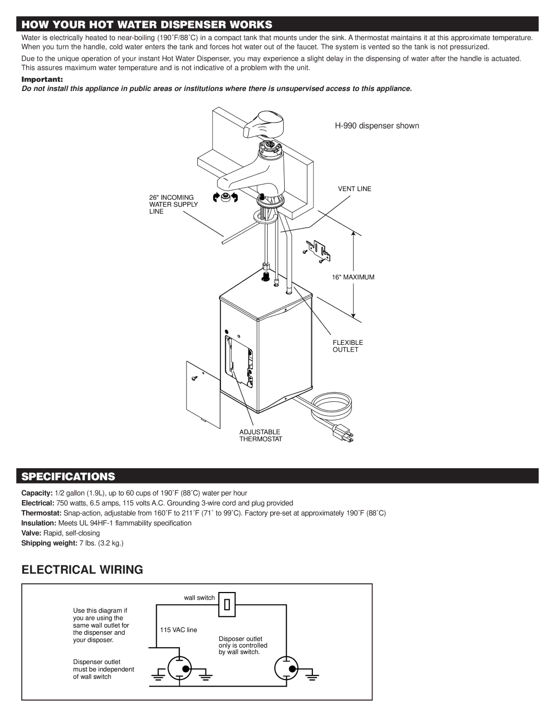 Emerson Process Management warranty Electrical Wiring, HOW Your HOT Water Dispenser Works, Specifications 