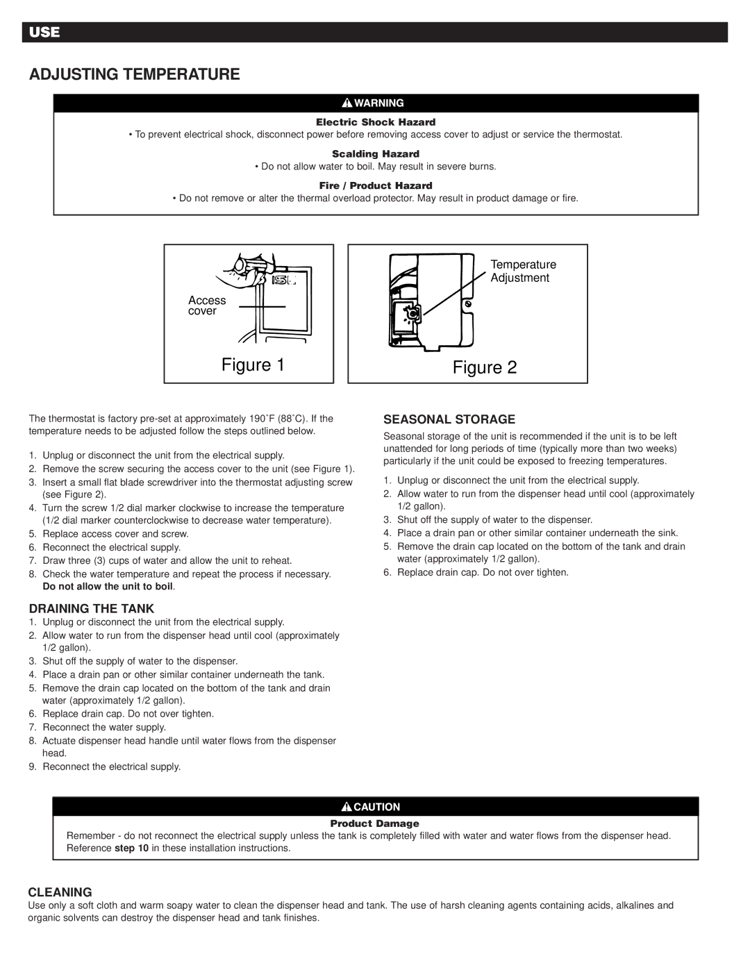 Emerson Process Management Water Dispenser Adjusting Temperature, Use, Seasonal Storage, Draining the Tank, Cleaning 