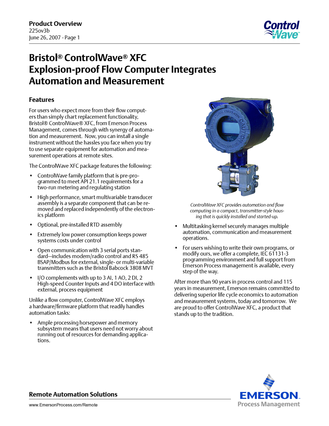 Emerson Process Management XFC manual Product Overview, Features, Remote Automation Solutions 