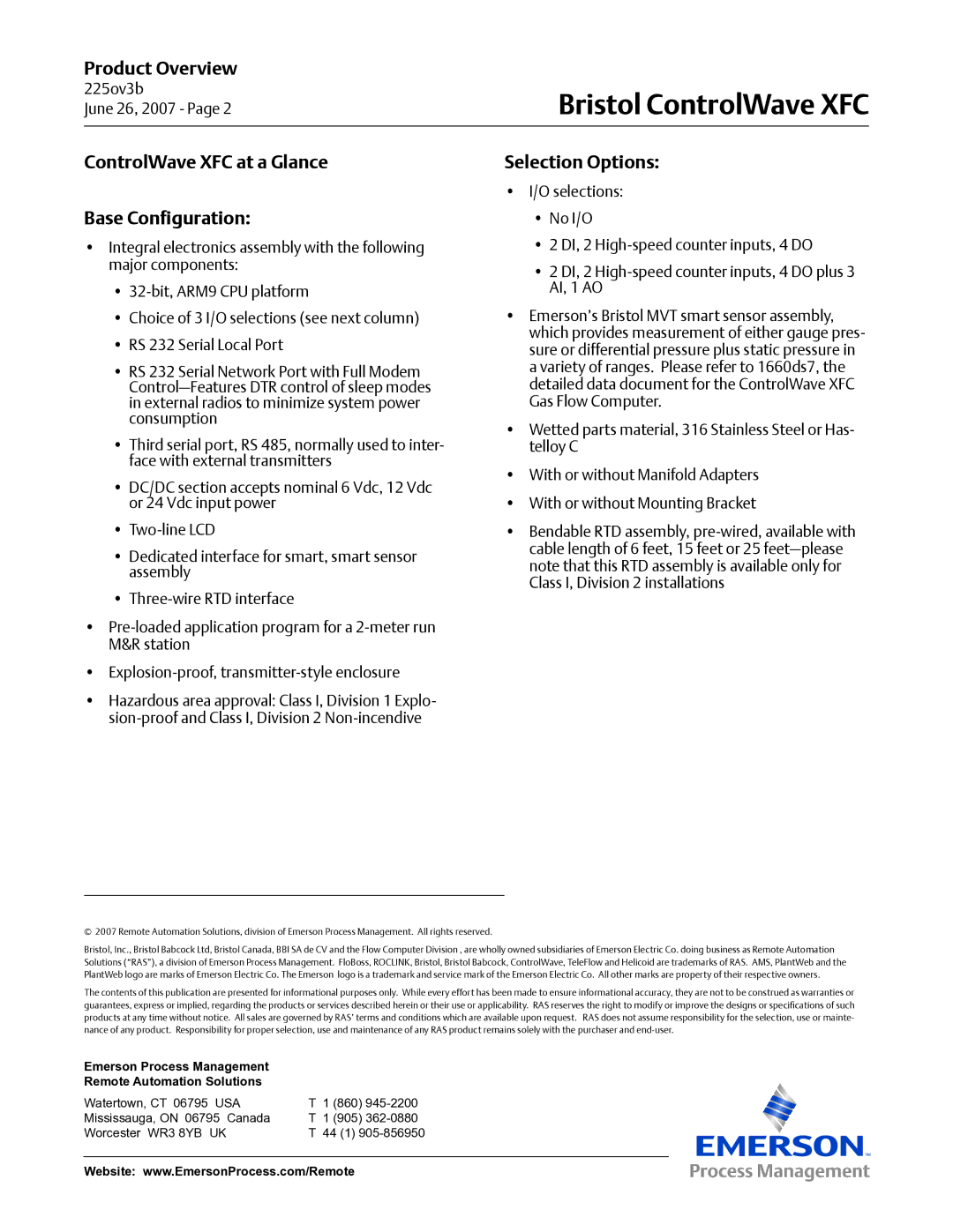 Emerson Process Management Bristol ControlWave XFC, ControlWave XFC at a Glance Base Configuration, Selection Options 