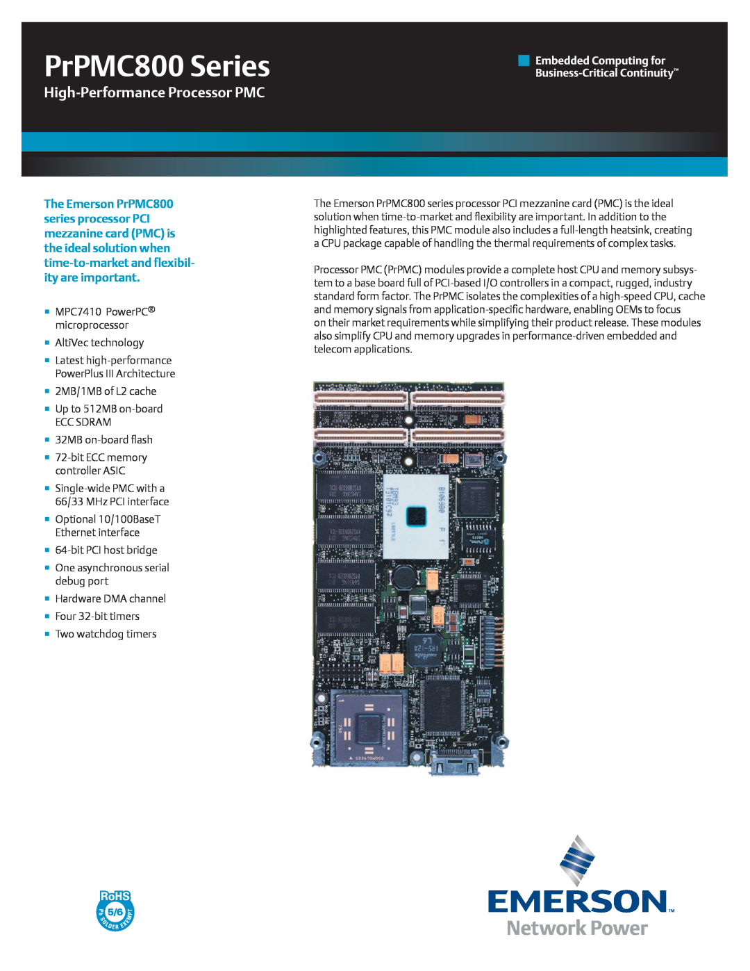 Emerson manual PrPMC800 Series, High-PerformanceProcessor PMC 