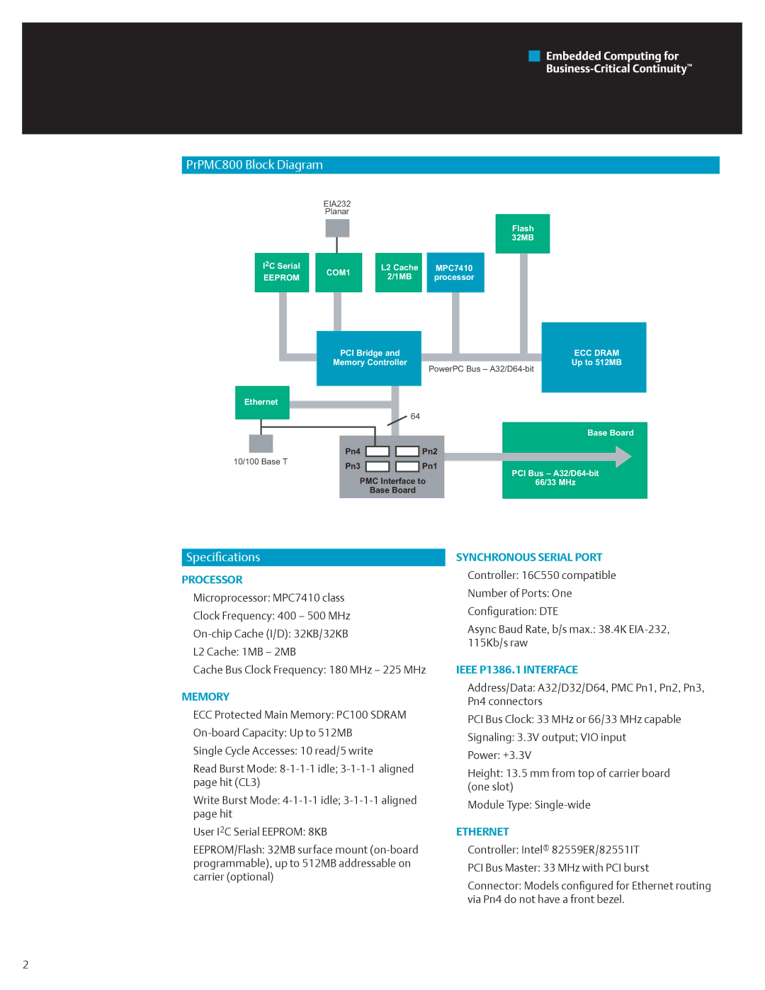 Emerson manual PrPMC800 Block Diagram, Specifications, Synchronous Serial Port, Ieee P1386.1 Interface, Ethernet 