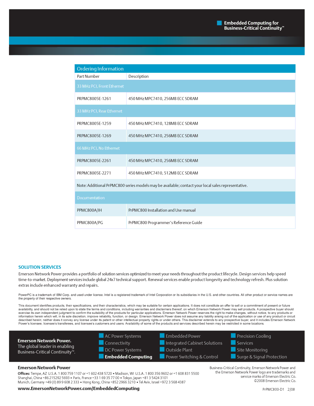 Emerson PrPMC800 manual Ordering Information, Solution Services, Emerson Network Power 